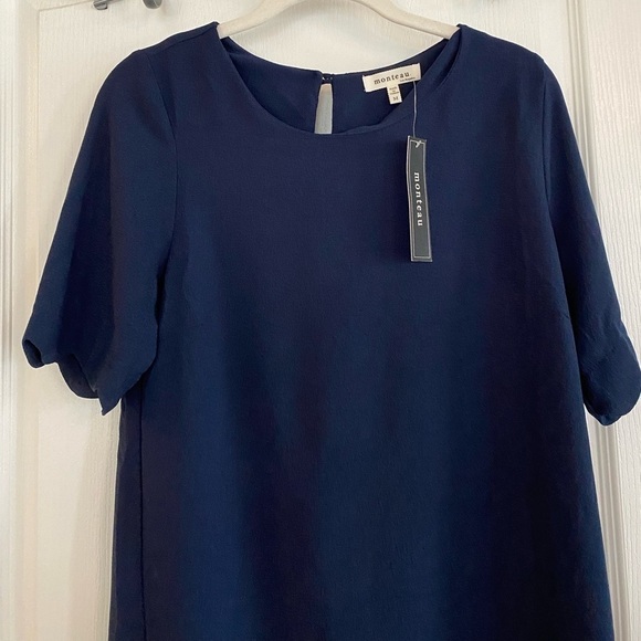 Monteau LA Jewel Neck Short Sleeves Scalloped Trim Sheath Dress Navy Blue Medium - Picture 3 of 11